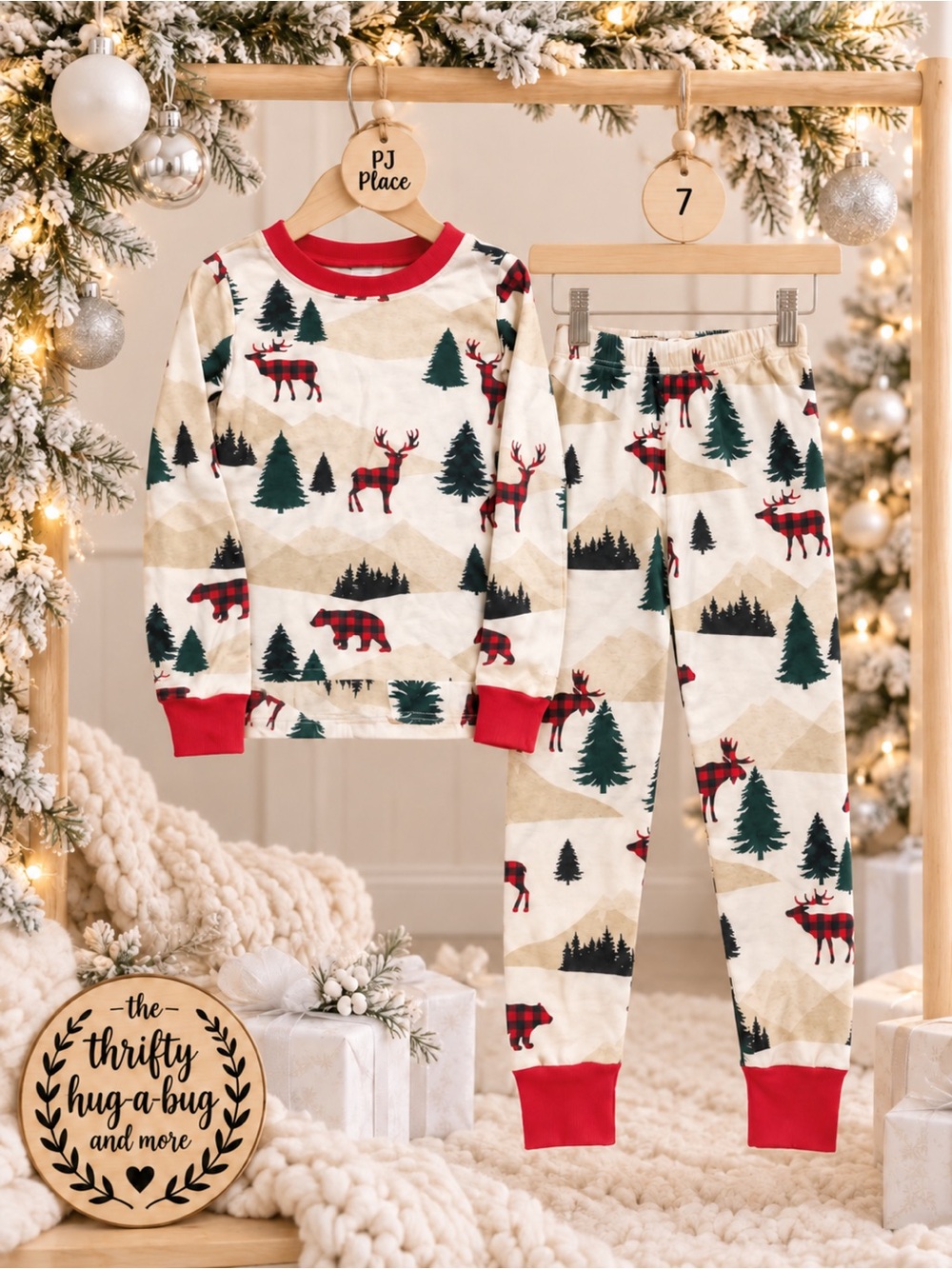 PJ Place Kids Size 7 Christmas Pajamas Woodland Moose Bear Plaid 2 Piece Set